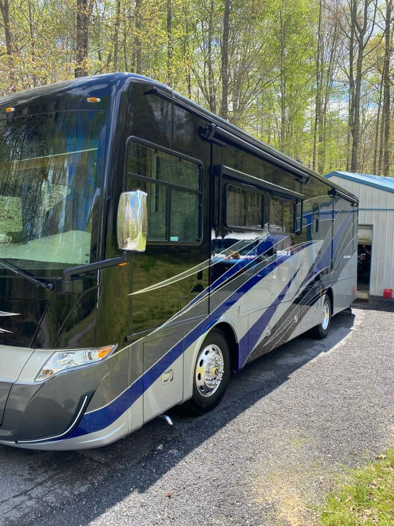 Motorhome parked after a wash and polish