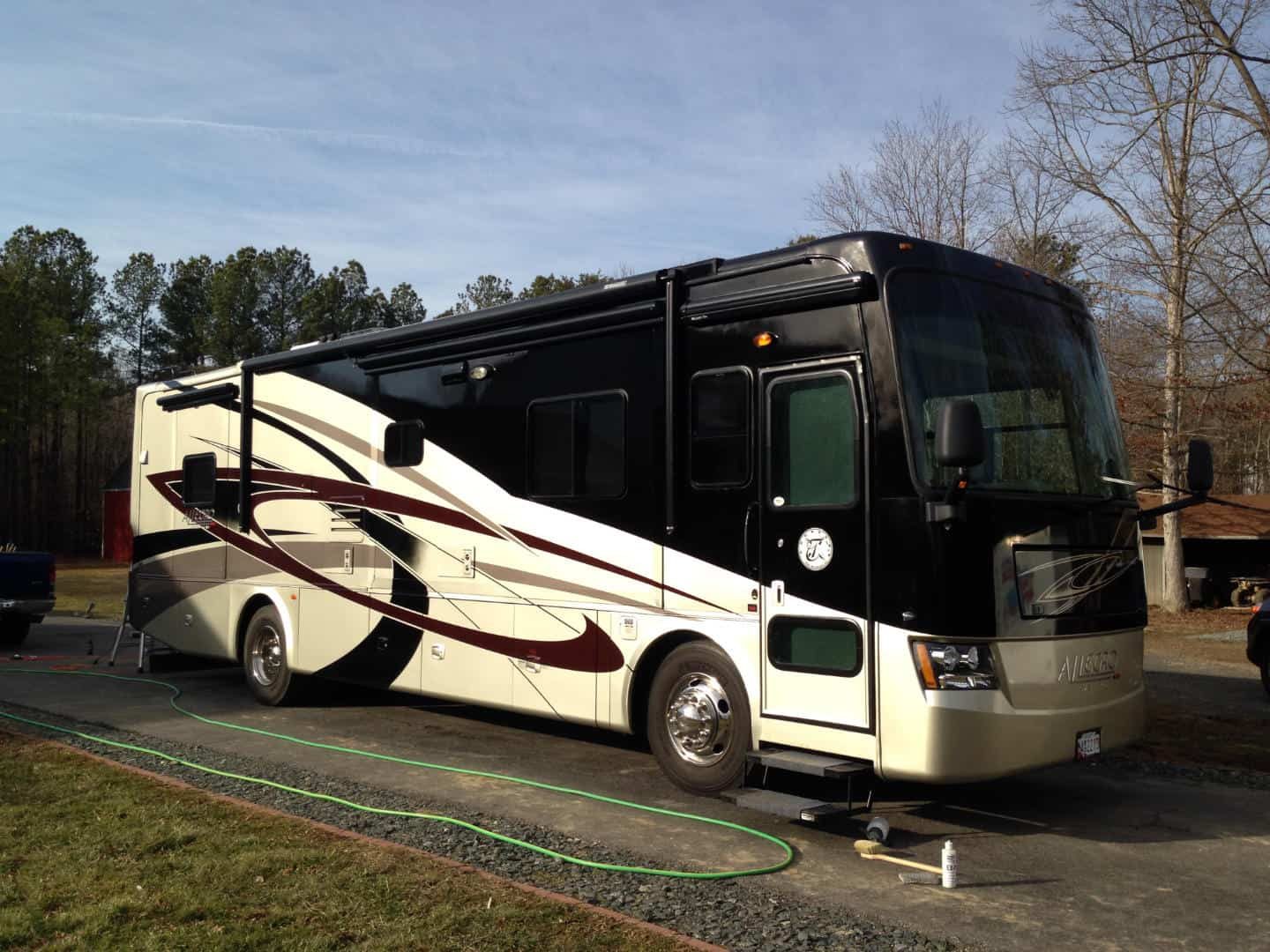 Class A motorhome after an exterior wash and polish
